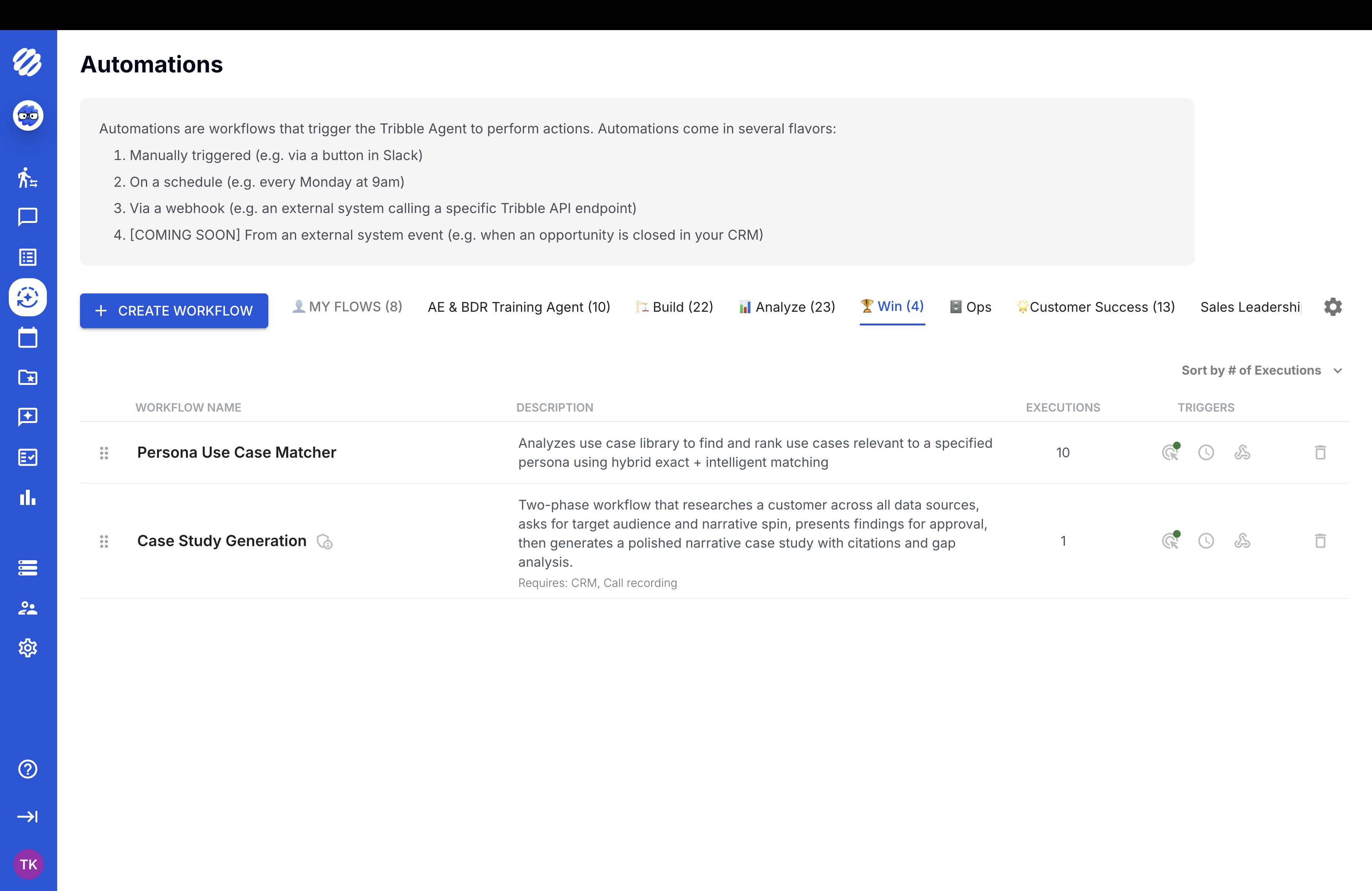 Tribble automations page showing win workflow library including Persona Use Case Matcher and Case Study Generation